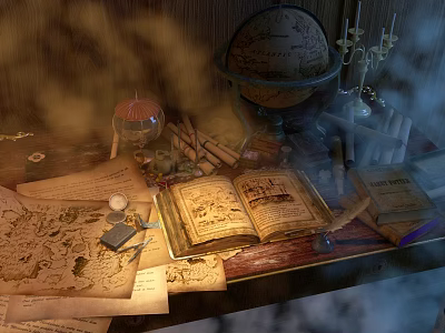 Vintage Open Book with Old Maps Globe and Candles on Wooden Table 3d model