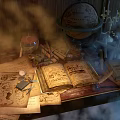 Vintage Open Book with Old Maps Globe and Candles on Wooden Table