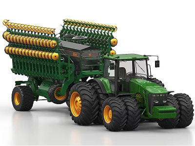 Efficient Green Agricultural Equipment Tractor with Yellow Planter Attachments and Large Tyres 3d model