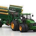 Efficient Green Agricultural Equipment Tractor with Yellow Planter Attachments and Large Tyres