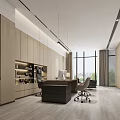 Modern Office Interior With Wooden Walls Desk Bookshelf Chairs Pendant Lights And Sofa
