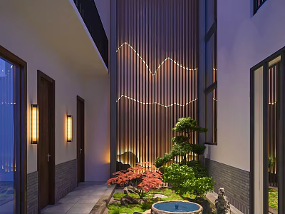 Indoor Landscape Corridor With Wooden Slats Rockery Small Pond Red Maple And Wall Lamps 3d model