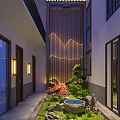 Indoor Landscape Corridor With Wooden Slats Rockery Small Pond Red Maple And Wall Lamps