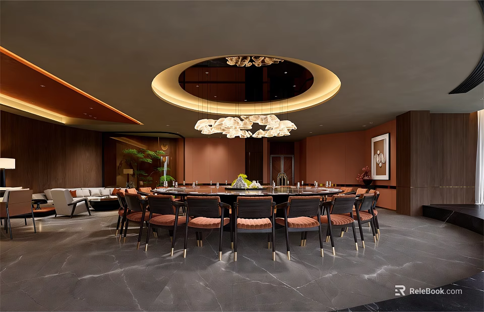 Elegant Modern Private Dining Room With Round Table Chandelier Brown Walls And Sofa 3d model 