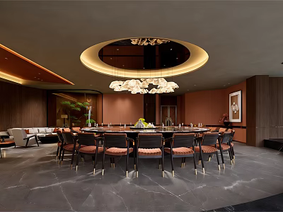 Elegant Modern Private Dining Room With Round Table Chandelier Brown Walls And Sofa 3d model