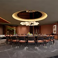 Elegant Modern Private Dining Room With Round Table Chandelier Brown Walls And Sofa
