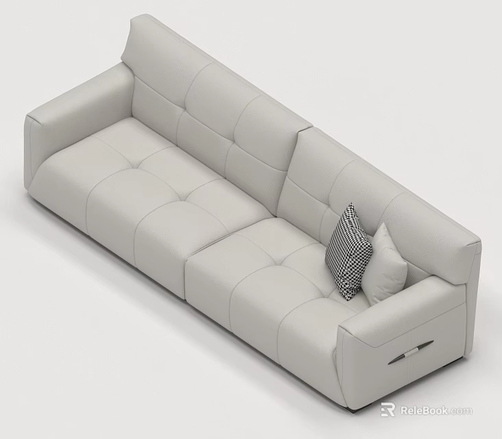 Light Colored Leather Three Seater Sofa With Square Tufted Design And Pillows 3d model