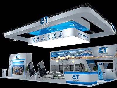 ET Modern Exhibition Booth Design With Lighting Displays Reception Desk And Backdrop 3d model