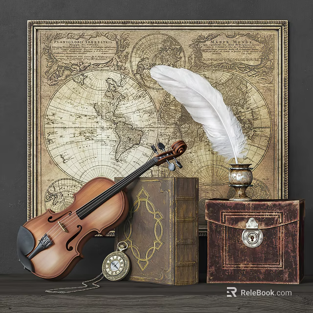 Vintage Decor With Violin Quill And Antique Map 3d model 