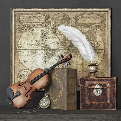 Vintage Decor With Violin Quill And Antique Map 3d model