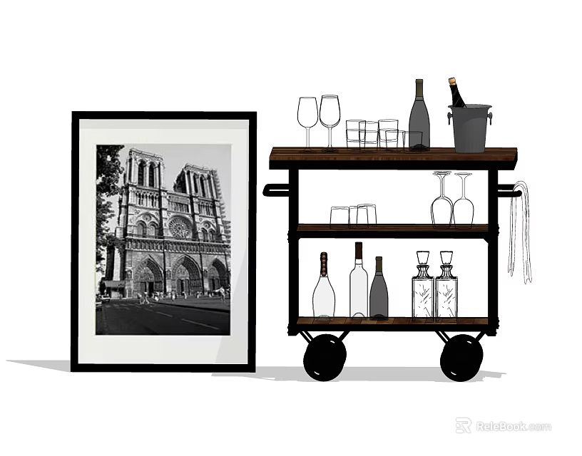 Black Framed Notre Dame Photo With Rolling Wine Cart And Bottles Glasses 3d model 