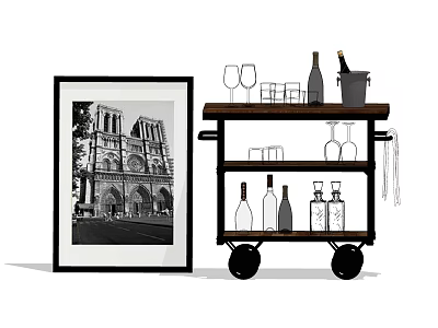 Black Framed Notre Dame Photo With Rolling Wine Cart And Bottles Glasses 3d model