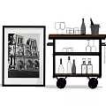 Black Framed Notre Dame Photo With Rolling Wine Cart And Bottles Glasses