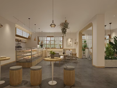 Modern Dessert Shop Interior With Open Kitchen Display Case And Green Plants 3d model