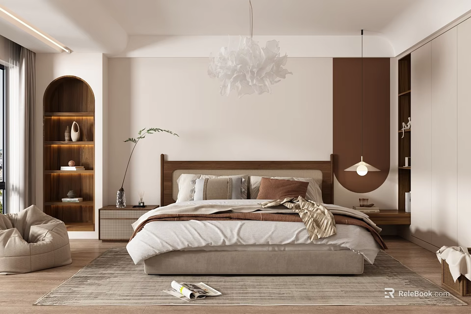 Modern Minimalist Bedroom Interior With Wooden Headboard White Chandelier And Neutral Bedding 3d model 
