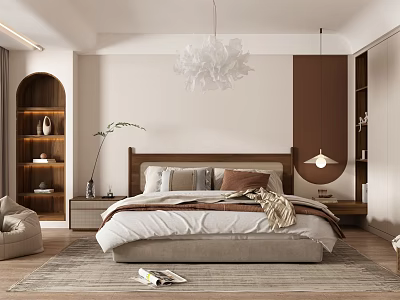 Modern Minimalist Bedroom Interior With Wooden Headboard White Chandelier And Neutral Bedding 3d model