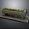 Colorful Flowers Growing in Vintage Stone Planter with Carved Inscriptions on Stone Slab Base