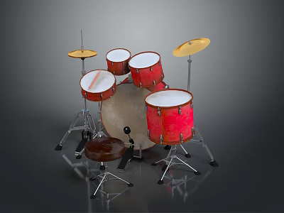 Red Drum Set With Snare Tom Tom Bass Drums And Yellow Cymbals On Stands 3d model