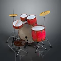Red Drum Set With Snare Tom Tom Bass Drums And Yellow Cymbals On Stands