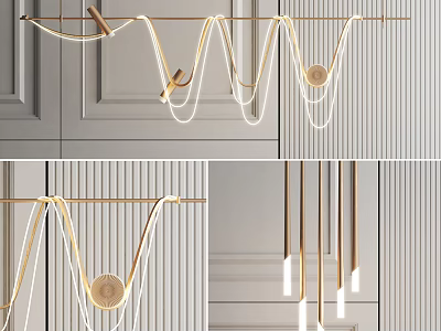 Modern Gold Curved Chandelier With White Lines And Minimalist Design Elements 3d model
