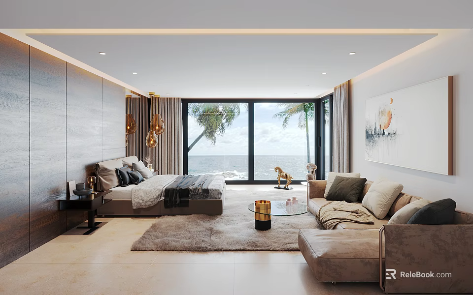 Modern Bedroom Interior Design With Sea View Large Bed Sofa And Wooden Walls 3d model 