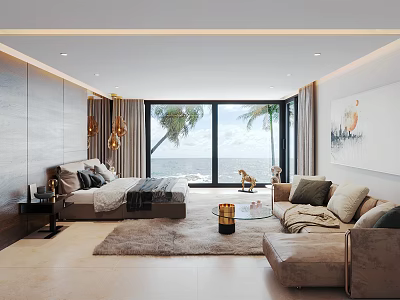 Modern Bedroom Interior Design With Sea View Large Bed Sofa And Wooden Walls 3d model