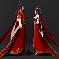 Chinese Ancient Male and Female Living Characters in Red Traditional Costumes with Golden Patterns