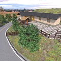 Rural Self-built House With Black Roof Stone Pavement And Curved Road Green Trees Wooden Fence