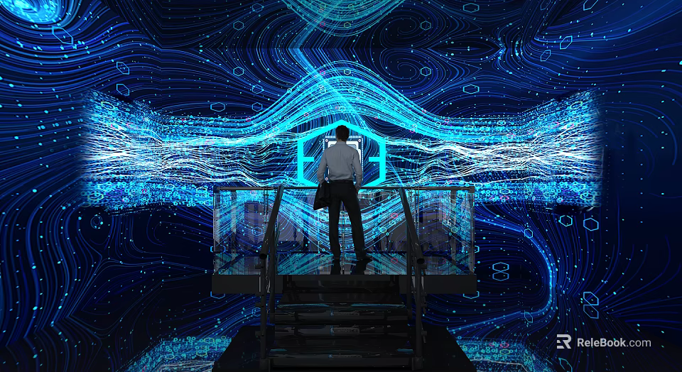 Futuristic KTV Interior With Neon Blue Wave Pattern Background Platform And Railing 3d model 