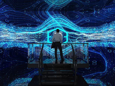 Futuristic KTV Interior With Neon Blue Wave Pattern Background Platform And Railing 3d model