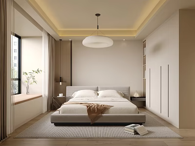 Modern Bedroom Interior With Bed White Pillows Brown Throw Blanket Nightstand And Wardrobe 3d model