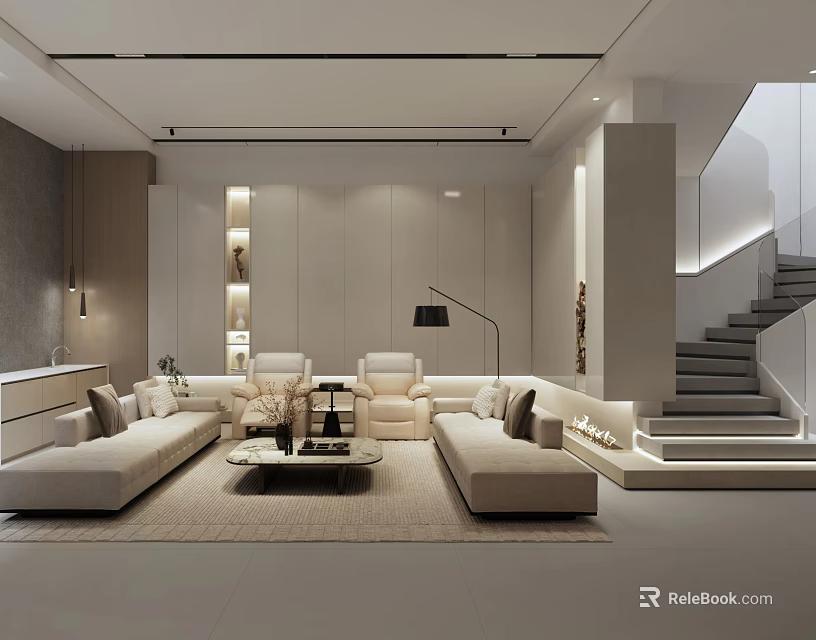 Modern Basement Interior Design With Living Area Sofa Coffee Table And Staircase 3d model