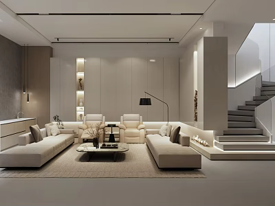 Modern Basement Interior Design With Living Area Sofa Coffee Table And Staircase 3d model