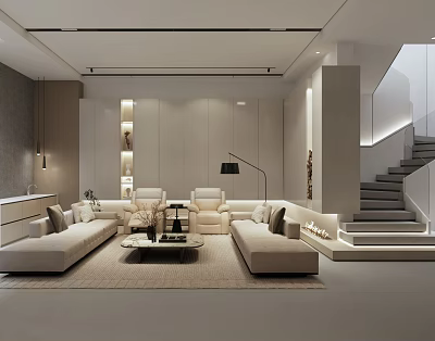 Modern Basement Interior Design With Living Area Sofa Coffee Table And Staircase 3d model
