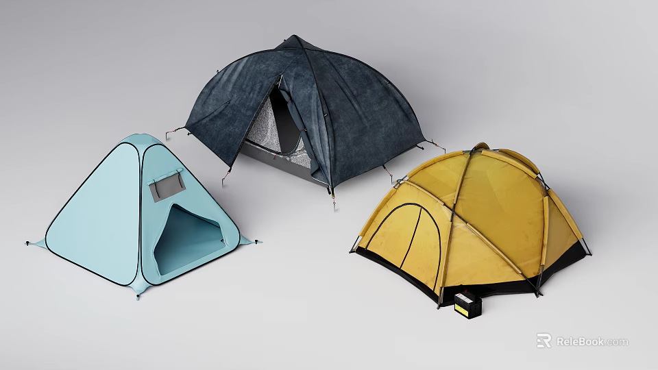 Three Different Colored Camping Tents Blue Dark Blue Yellow Outdoor Gear 3d model 