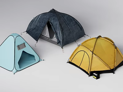 Three Different Colored Camping Tents Blue Dark Blue Yellow Outdoor Gear 3d model