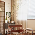 Modern Living Dining Room Interior With Wooden Furniture White Armchair Stacked Books And Pendant Lights