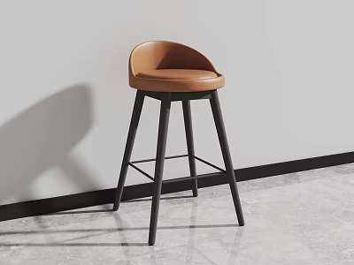 Modern Minimalist Bar Stool With Brown Leather Seat And Black Metal Legs In Interior Space 3d model