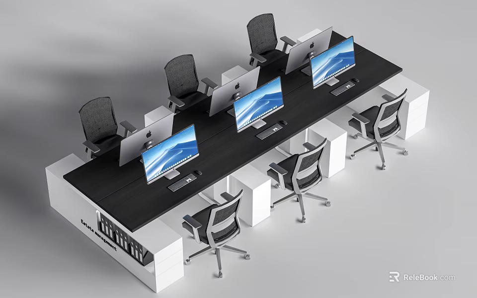 Modern Office Desk and Chair Set With Multiple Computer Screens and White Supports 3d model 