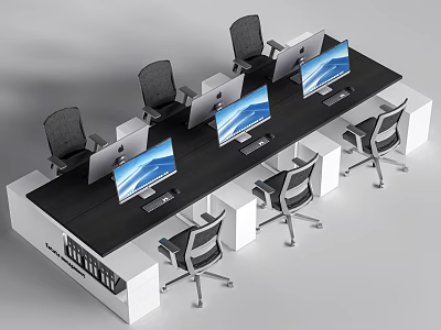 Modern Office Desk and Chair Set With Multiple Computer Screens and White Supports 3d model