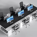 Modern Office Desk and Chair Set With Multiple Computer Screens and White Supports