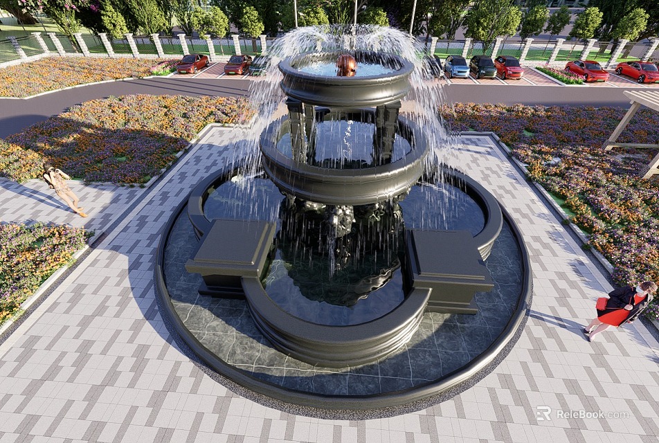 Multi Tiered Fountain Surrounded By Flower Beds And Trees In Paved Area 3d model 