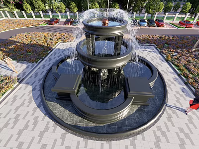 Multi Tiered Fountain Surrounded By Flower Beds And Trees In Paved Area 3d model