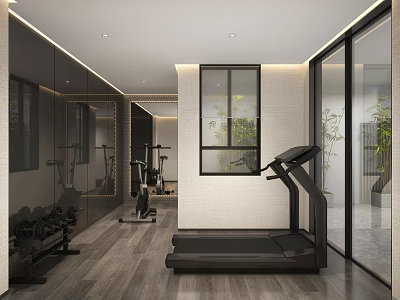 Modern Home Gym Interior With Treadmill Dumbbells Mirrors And Fitness Equipment 3d model