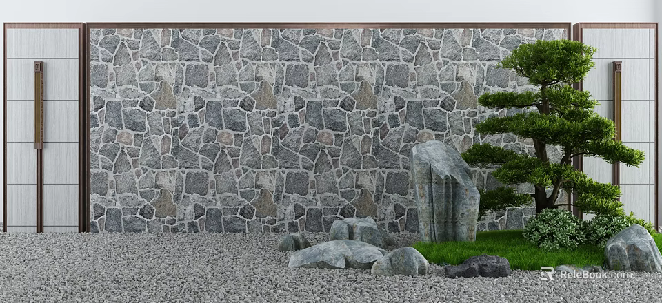 Serene Garden Design Featuring Stone Wall Rocks Gravel Ground And Pine Tree 3d model 
