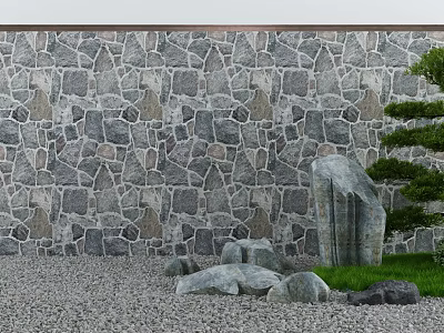 Serene Garden Design Featuring Stone Wall Rocks Gravel Ground And Pine Tree 3d model
