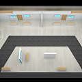 Modern Hall Interior With Gray Carpet White And Wooden Walls Blue Equipment And Screens