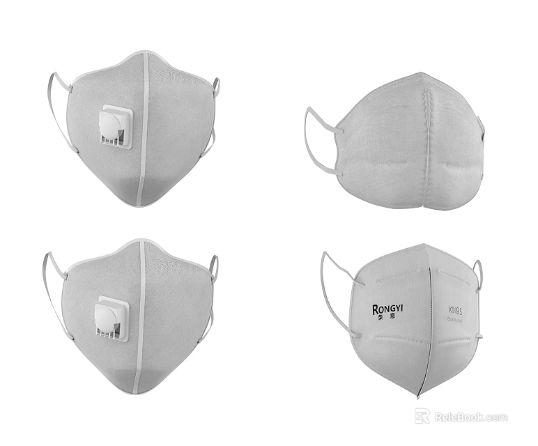 Different Styles of Protective Face Masks With Rayon Brand And Breathing Valve 3d model 