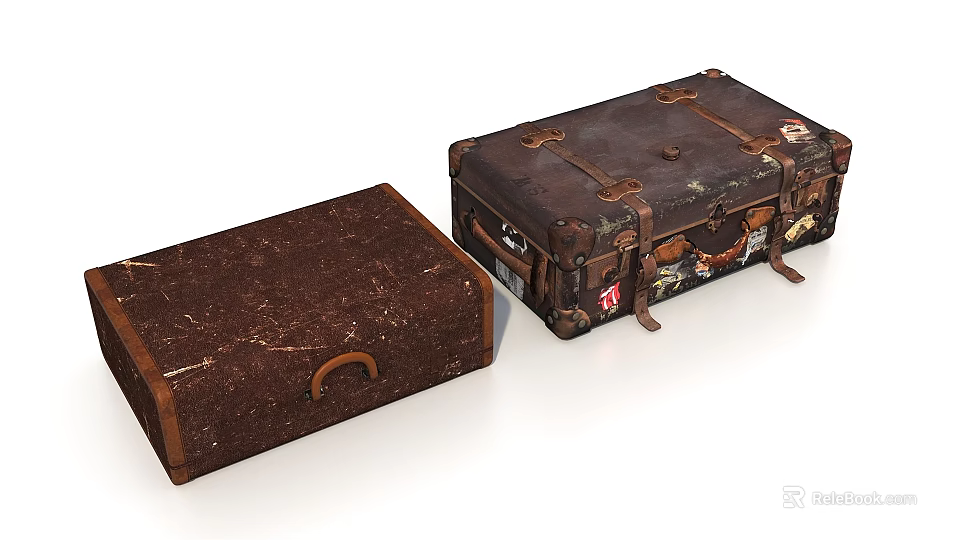Two Vintage Old Suitcases Featuring Worn Leather Straps And Travel Stickers 3d model 