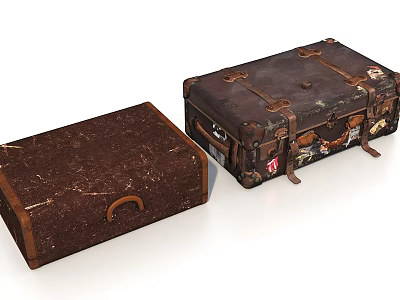 Two Vintage Old Suitcases Featuring Worn Leather Straps And Travel Stickers 3d model